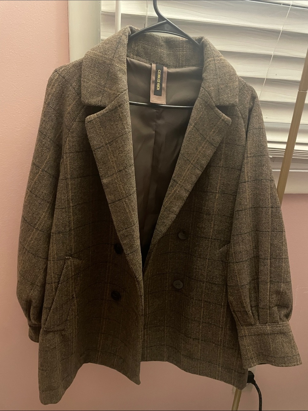 Grace Karin Olive Brown Plaid Double-Breasted Blazer Jacket